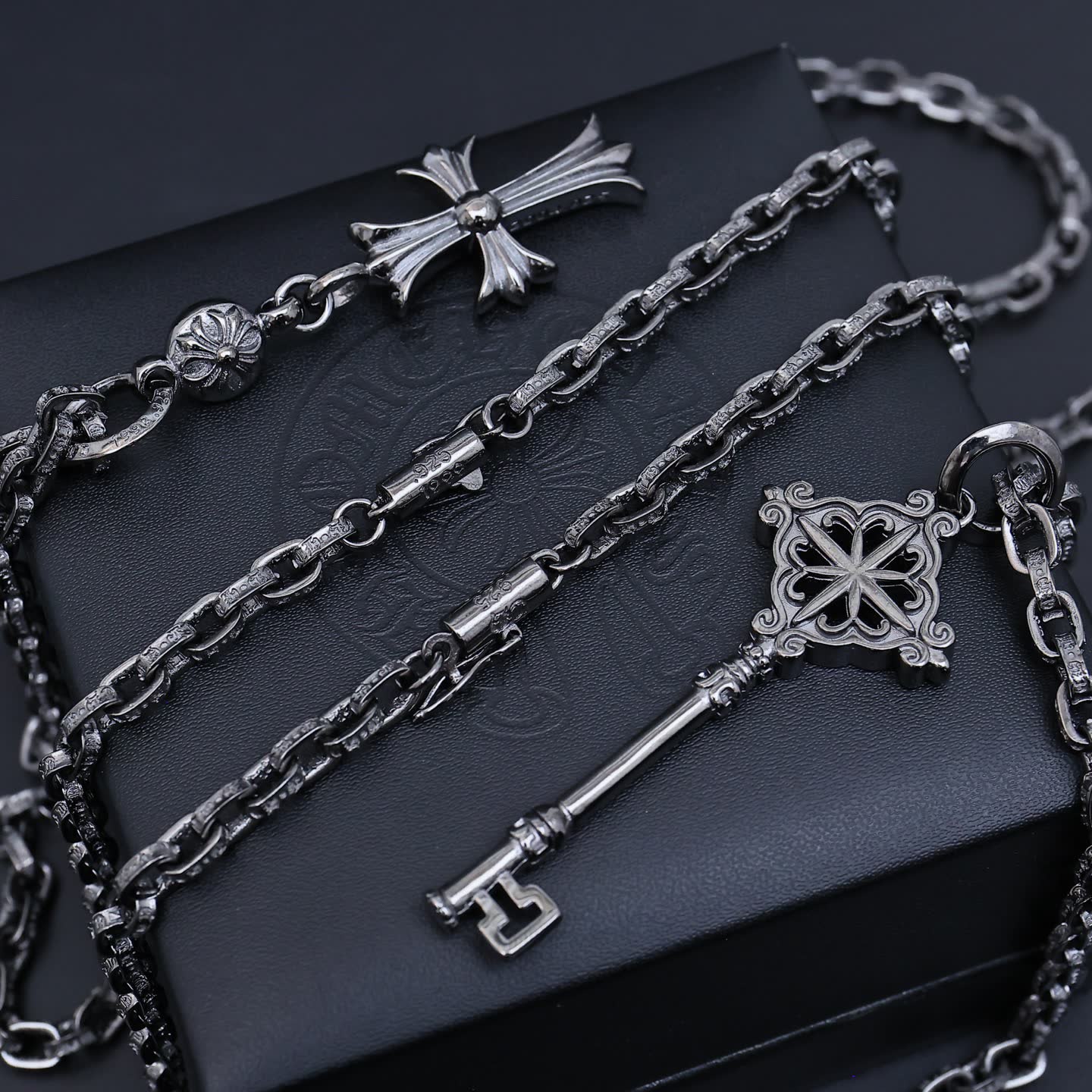 Chrome Hearts The Black Heart Co Silver Key and Cross Necklace Set